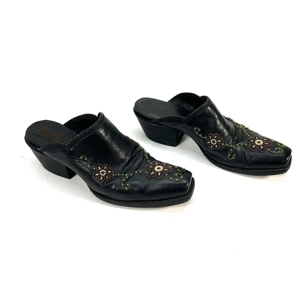 Tres Outlaws Hand Beaded Black Leather Mules Boots Booties Square Toe Size 7C